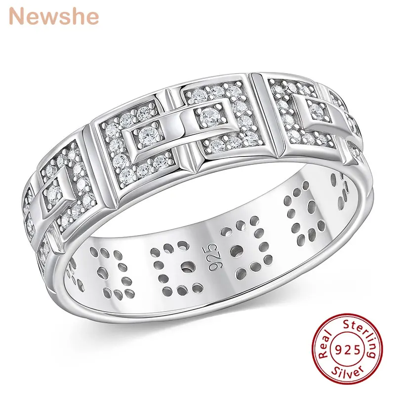 

​Newshe Solid 925 Sterling Silver Patter Men's Wedding Rings Brilliant Round 5A Grade Zircon Band for Him