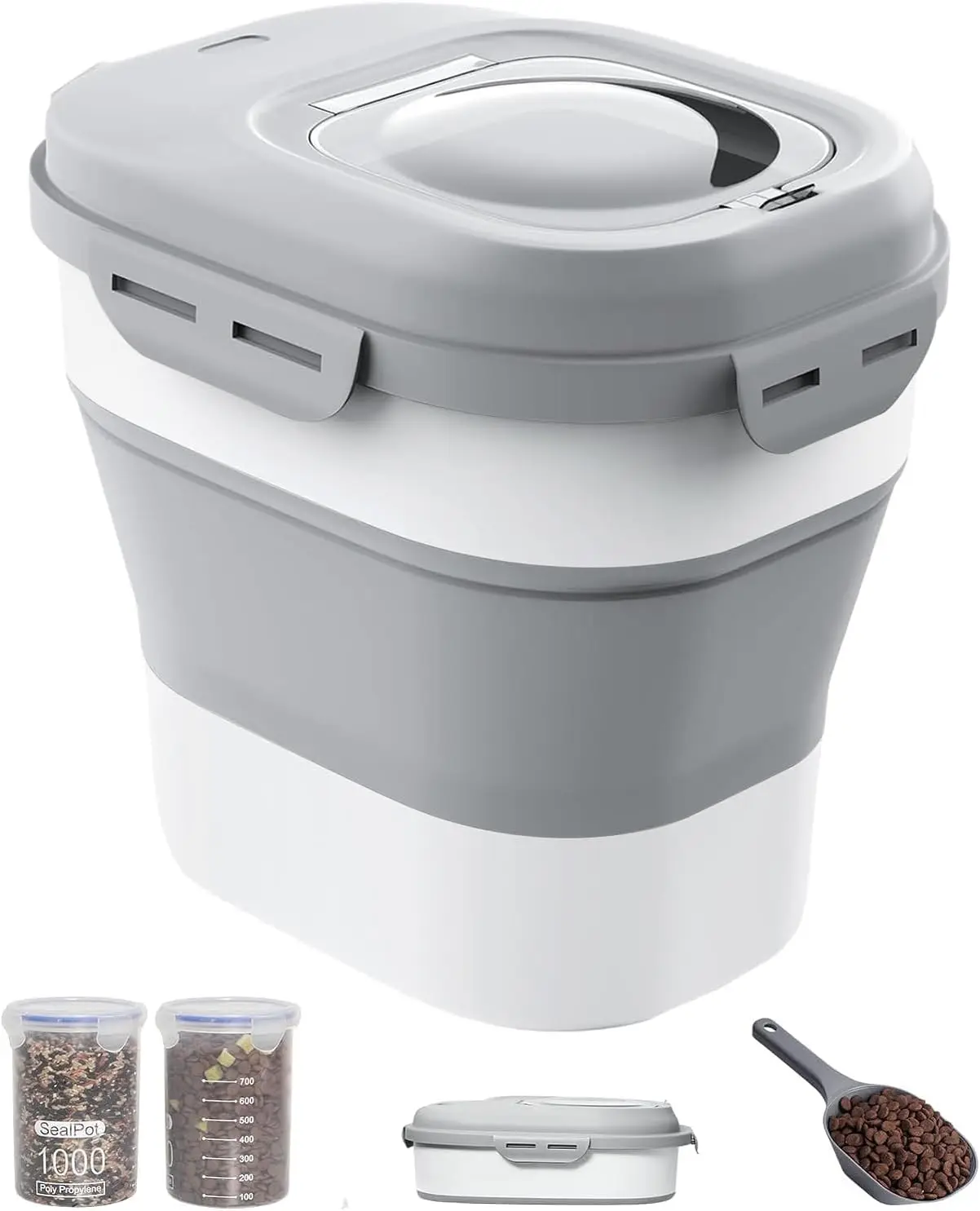 

Складной контейнер для корма для собак с герметичными крышками, колесами, совок и 2 контейнерами для хранения для больших домашних животных