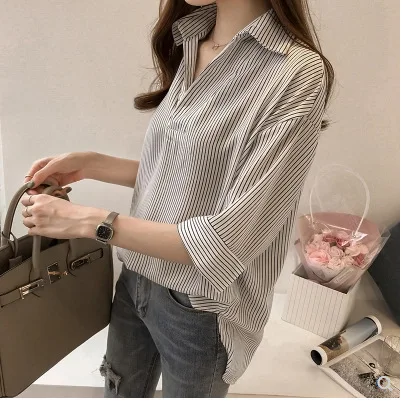 Spring Summer Loose Women's Striped Shirt 3/4 Sleeve V-Neck Comfortable Casual Versatile Top plus Size Korean Style