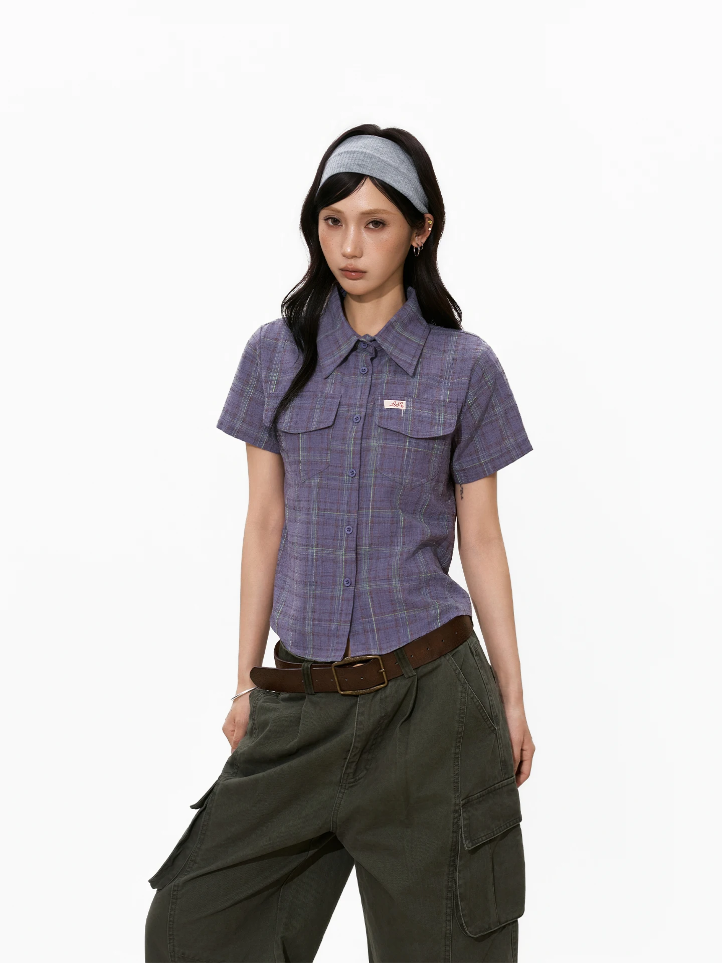 

S3T5 Women's Slim Fit Short Sleeve Shirt Casual Style Grid Pattern Purple Summer Fashion Shoulder Design Short Length