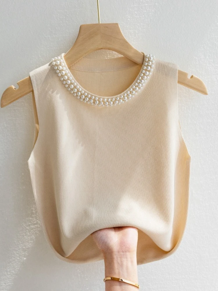 Sommerliche koreanische Strickwesten für Damen – Modische ärmellose Oberteile mit Perlenstickerei, dünne Freizeit-Tops