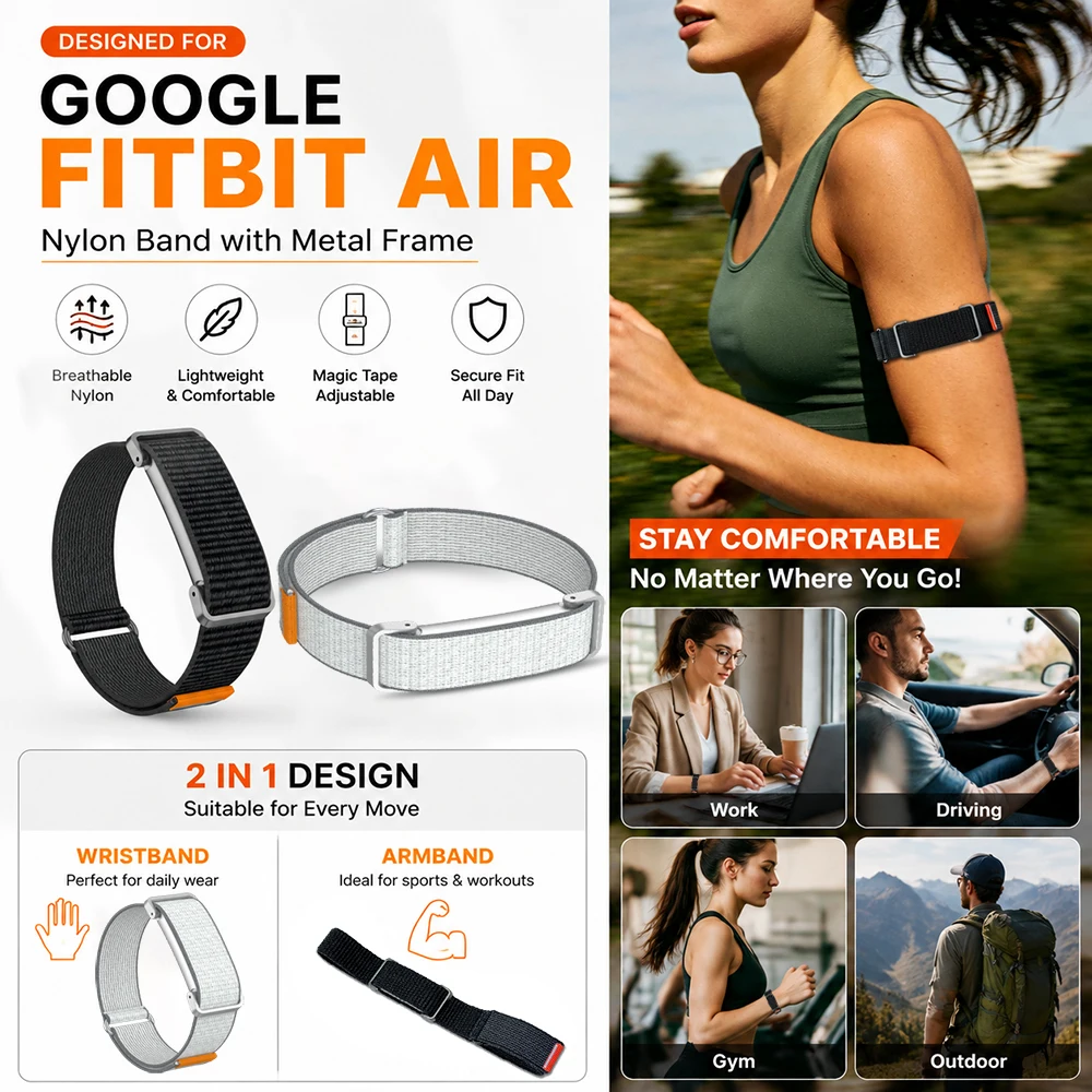 2 Stück Nylon-Armband für Google Fitbit Air, einteiliger, leichter Nylonriemen mit Metallrahmen für Google Fitbit Air