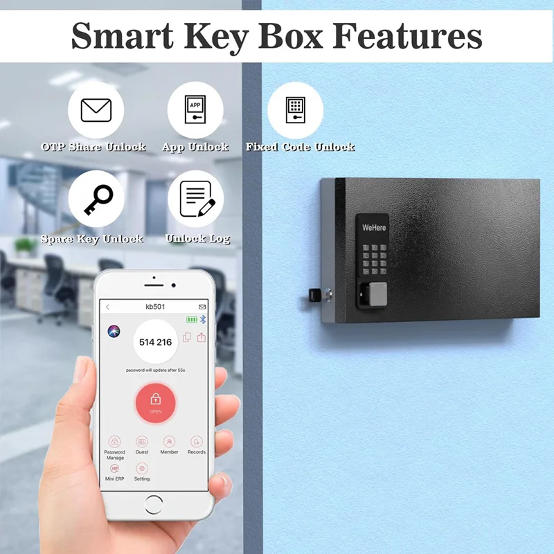 Imagem -02 - Key Lock Box Parede Inteligente Armário de Armazenamento Chave Otp App Bluetooth Código Fixo de Desbloqueio Key Management Seguro Wehere24