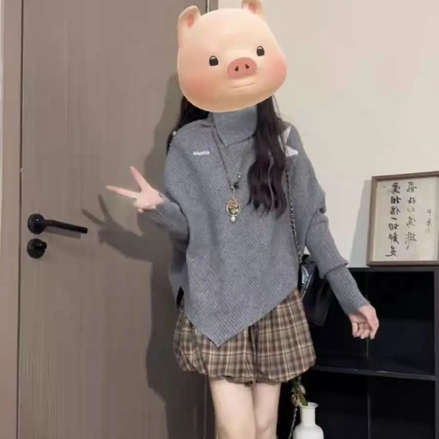 

Spicy Girl Y2K Ранняя осень Корейский вязаный свитер с высоким воротником Batwing Sve Необычный дизайн Женский модный топ