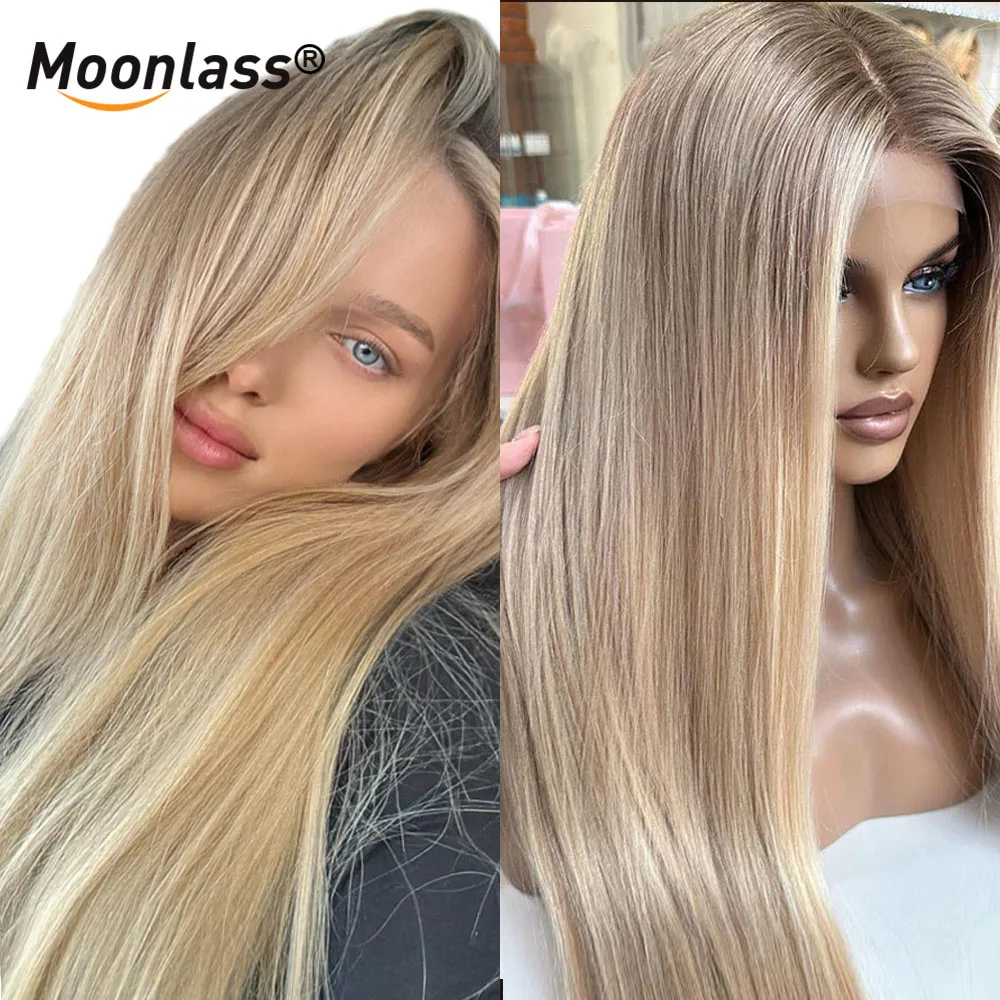 Vanilleblonde Balayage 13x6 transparente Lace-Front-Perücke, 100 % Echthaar, Perückenstufe, glattes Haar, 210 % Dichte, realistische Remy-Perücken