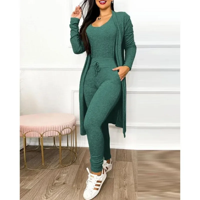 Slacks Drawstring Pocket Jumpsuit Casual Cardigan Suit Women High Waist Pocket Jumpsuits and Cardigan Cover 2 Piece Sets Outfits