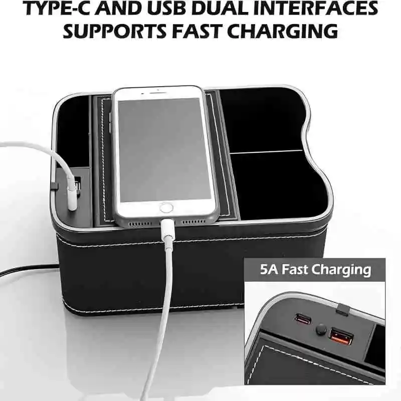 

Универсальный ящик для хранения автомобилей, ящик для хранения в подлокотнике, разноцветный светодиодный окружающий свет, подстаканник для быстрой зарядки, автомобильные аксессуары