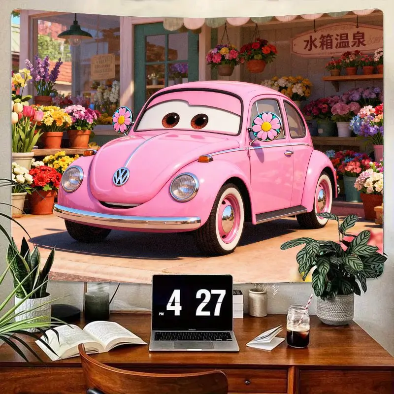 

1 шт. розовый мультяшный автомобильный гобелен, Kawaii VW Beetle Flower Shop, настенное искусство, эстетический декор из полиэстера для девочек, комнаты, гостиной, общежития