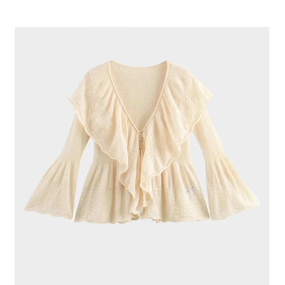 

Autumn New Women Fashion New Knit Temperament Atmosphere Ruffled Trumpet Sleeve Round Neck Sweater Female Clothing