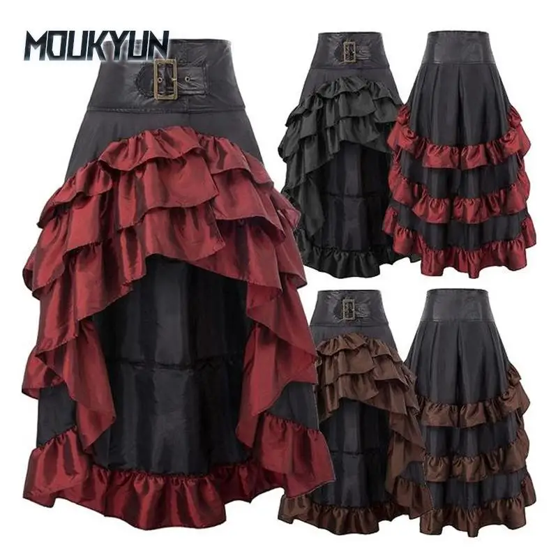 

Women Fashion Medieval Cosplay Costume Gothic Skirt Casual High Low Hem Elegant Dress Ruffle Skirts