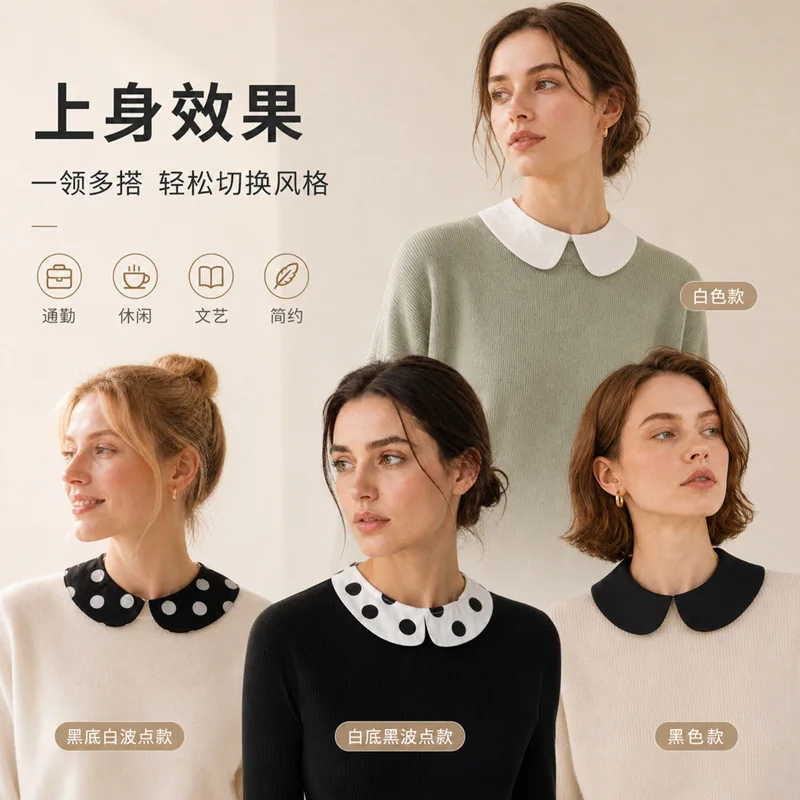 Faux Collar Retro Detachable Black White Polka Dot Solid Color Multi Style Fabric Adult Size Lightweight for Sweater Shirt Daily