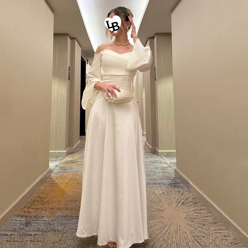 

Customized Strapless Simple Jersey Evening Dress Spaghetti Straps With Full Sleeves Party Dress A-line Ankle Length Prom Gown