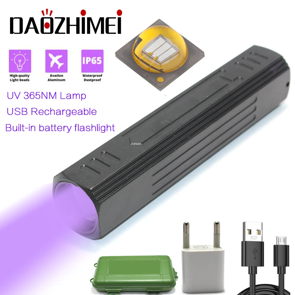 365nm Black Light Flashlight 5W UV Torch Rechargeable Ultraviolet LED Lamp with Micro USB Charging Detector As Power Bank