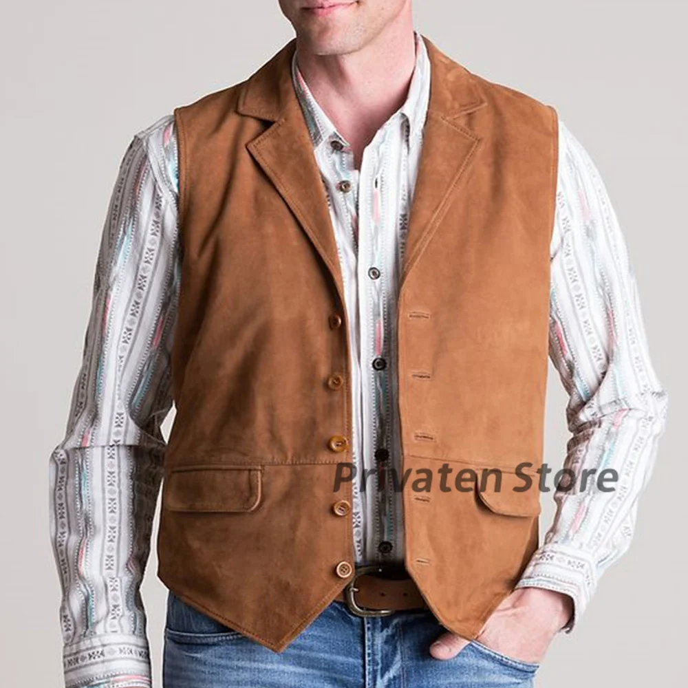 Chaleco de gamuza con solapa y muescas para hombre, chaqueta Steampunk informal de un solo pecho, cárdigan con botones sólidos de talla grande