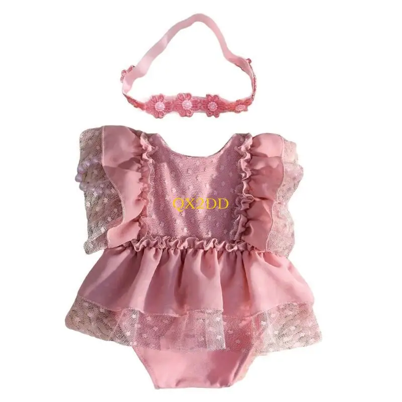 QX2D Baby Photography Costume Clothing Flower Headband and Romper Outfit Newborns Photography Props Girl Photo Clothes
