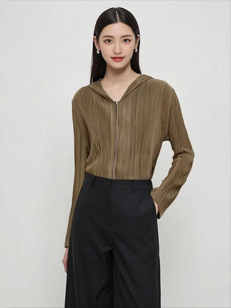 

Miyake Fold 2025 Spring and Autumn New Hooded Jacket Fashion Loose Age Reducing Cardigan Top Loose Pleats Sunscreen Clothes