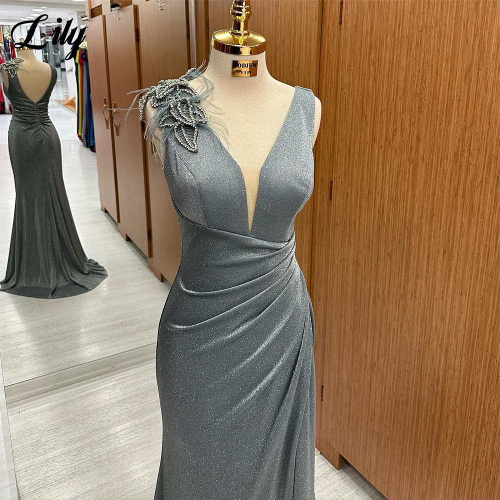 Lily Grey Prom Dresses V-Neck Evening Dress Glitter Mermaid Open Back Party Dress With Feathers Tank Crystal Sleeveless 프롬드레스