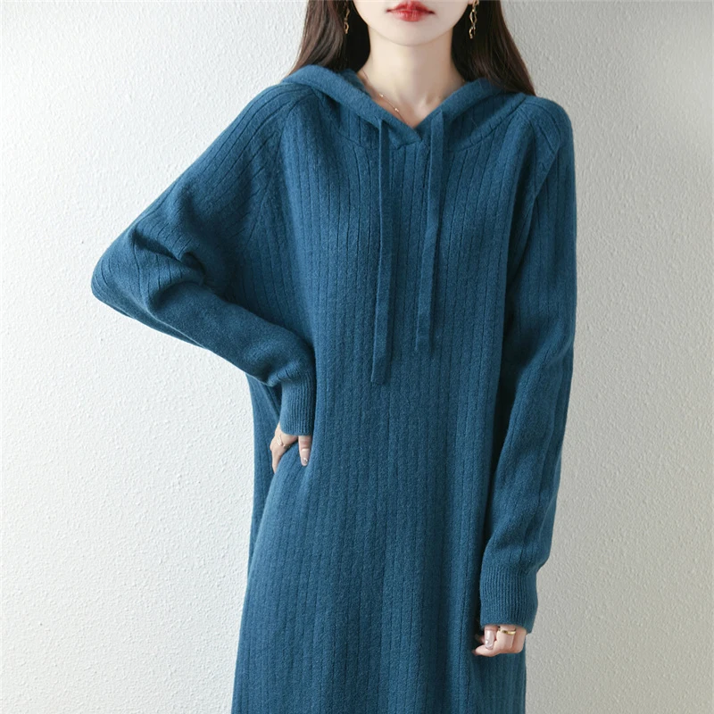 2024 New Medium to Long Thickened Wool Knitted Hooded Dress.  Solid Color Fashion Versatile Long Sleeve.  Woolen Dress