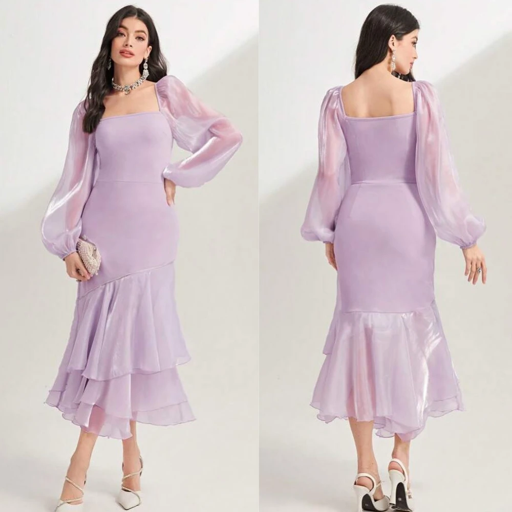 Customized Sparkle Exquisite Jersey Ruffle Prom Trumpet Square Neck Bespoke Occasion Gown Midi Dresses