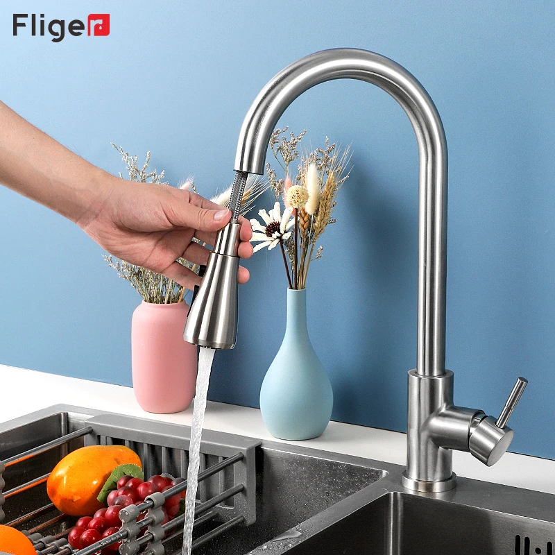 

Fliger Black Kitchen Faucet Pull Out Spout Kitchen Sink Mixer Tap Stream Sprayer Head Hot and Cold Water Taps Deck Mounted