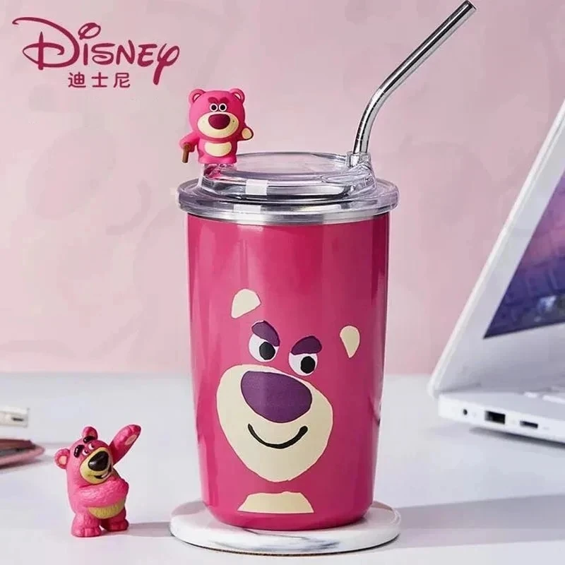 480ml New Disney Lotso Cartoon Stainless Steel Vacuum Cup Cute Water Cup Straw Bottle Office Coffee Cup Birthday Gift For Girls