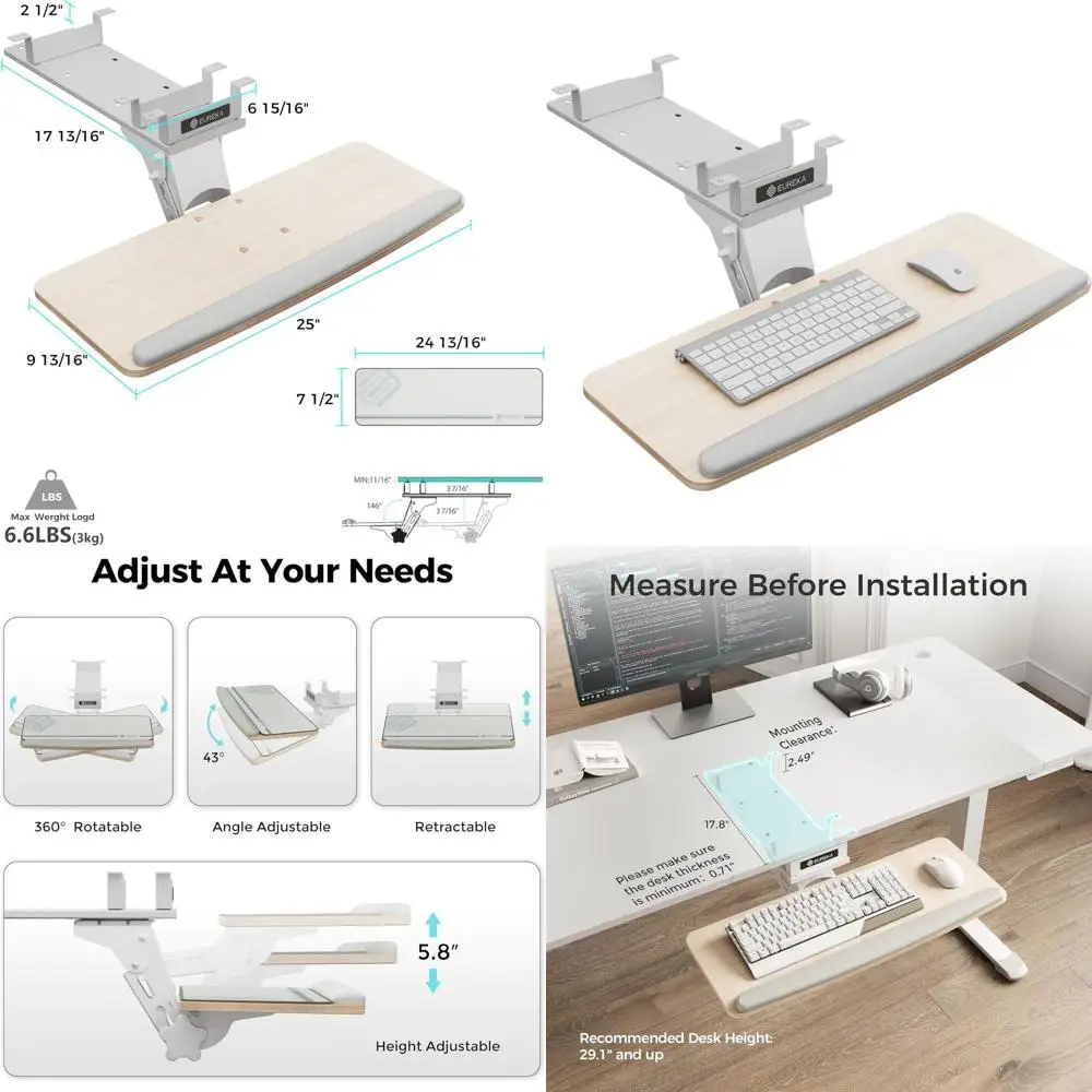 Adjustable Swivel Keyboard Tray with Mouse Pad, 25x9.13 Under Desk Platform, Maple Finish