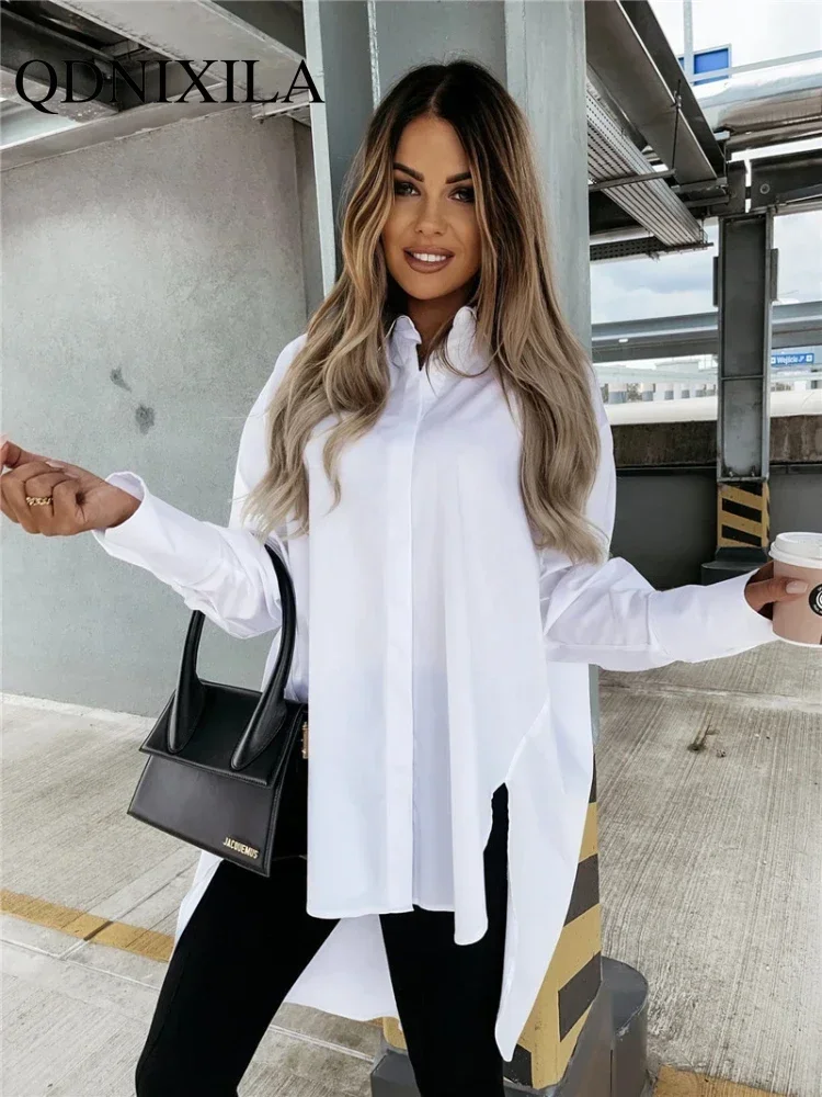 Spring Autumn Women Oversized Shirts and Blouses Turn Down Collar Shirt Long Sleeve Elegant Casual Blue Loose White Vintage Tops