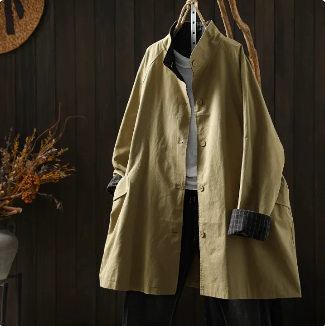 Women Autumn New Japan Style Plaid Patchwork Cotton Trench Coats Stand Collar Long Sleeve Single Breasted Casual Loose Jackets