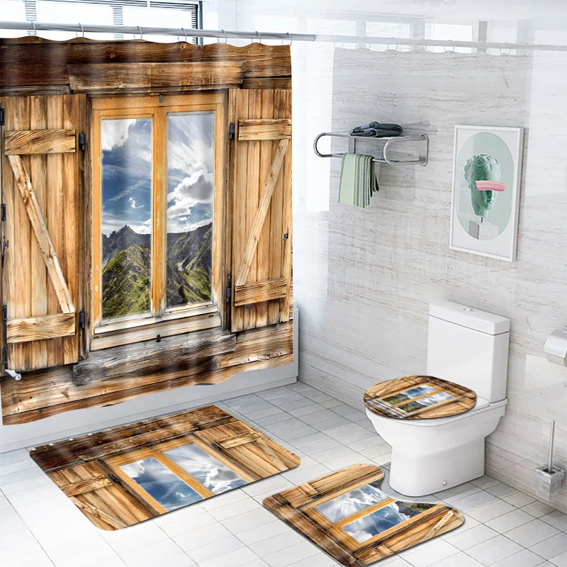 1/4pcs Wooden Door Pattern Bathroom Shower Curtain Set Wooden Door with Scenery Printed Shower Curtain Home Bathroom Decoration