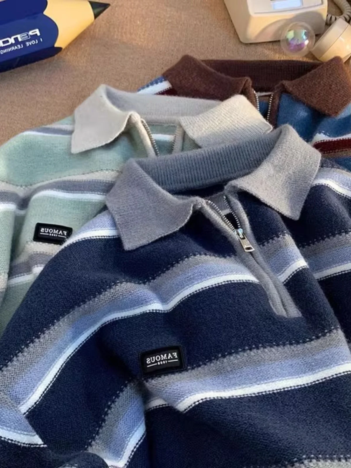 سترة بولو بياقة نصف سحاب مخططة بأسلوب ريترو للجنسين، تصميم فضفاض بأسلوب كسول للشتاء، تصميم شبابي مميز بأكمام طويلة #2