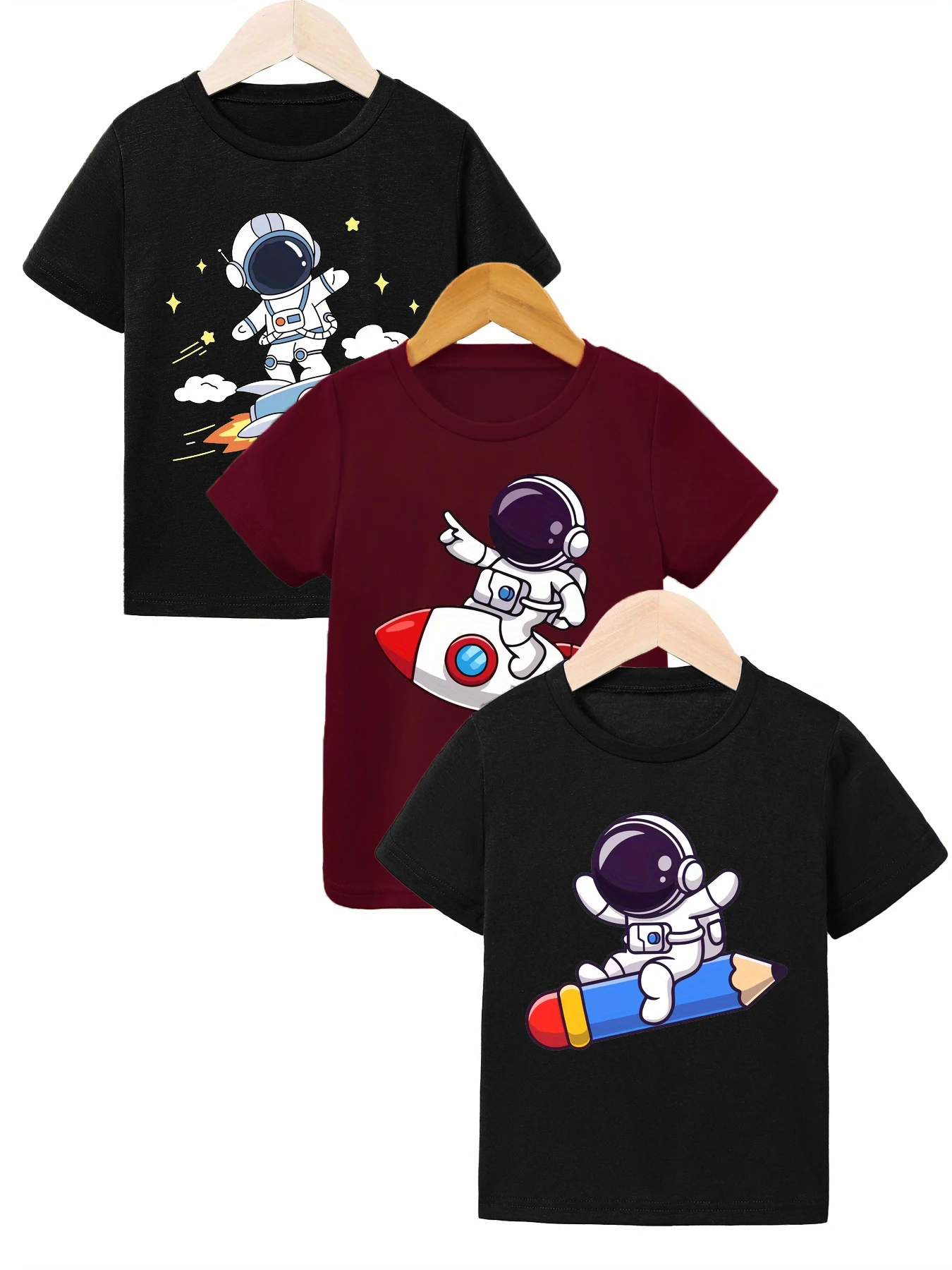3 piezas: Camiseta casual de verano para niños: estampado de astronauta, cohete y lápiz de dibujos animados