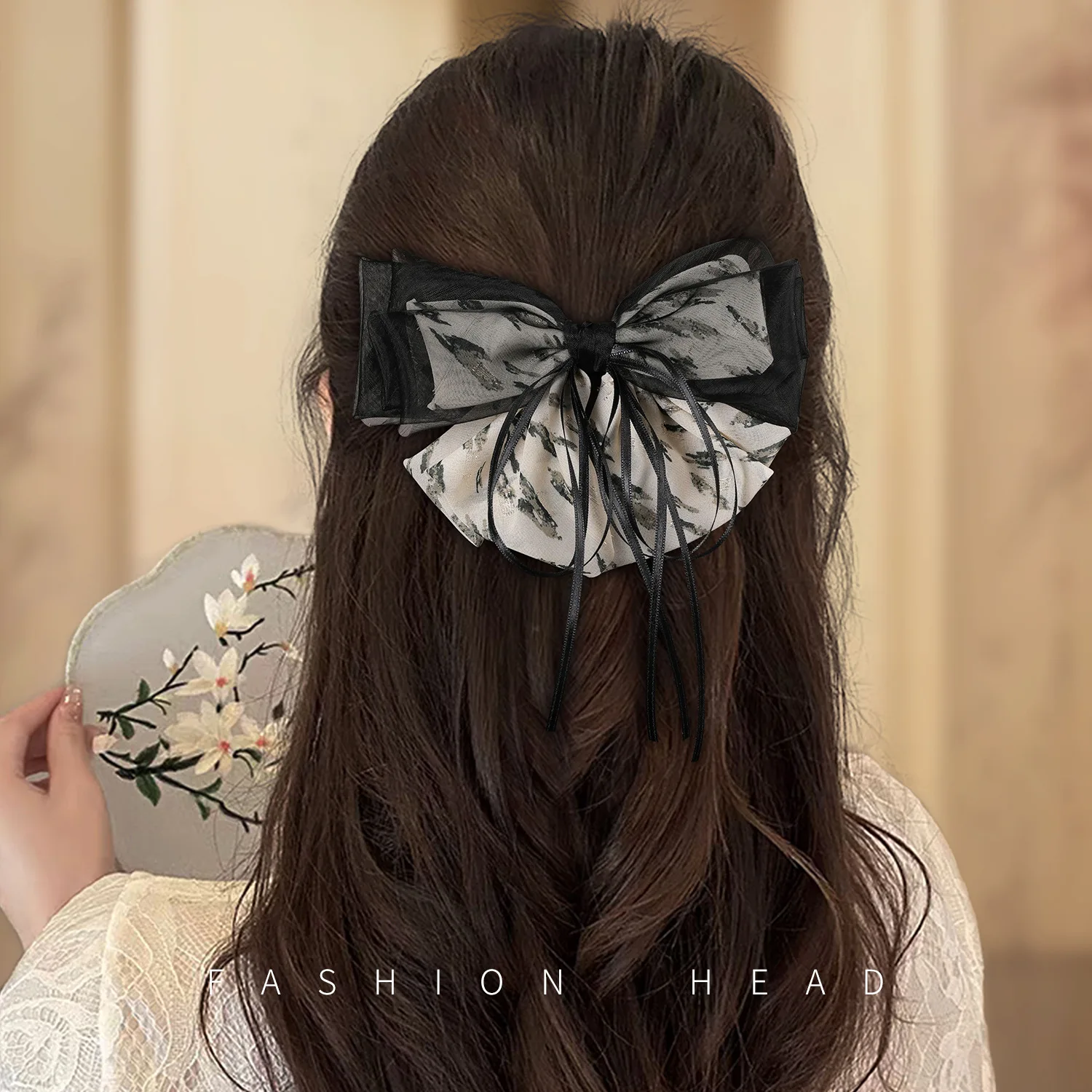 

Ink Painting Bow Streamer Hair Clip for Back Head Spring Clip Ancient Style Cheongsam Headdress Hair Card