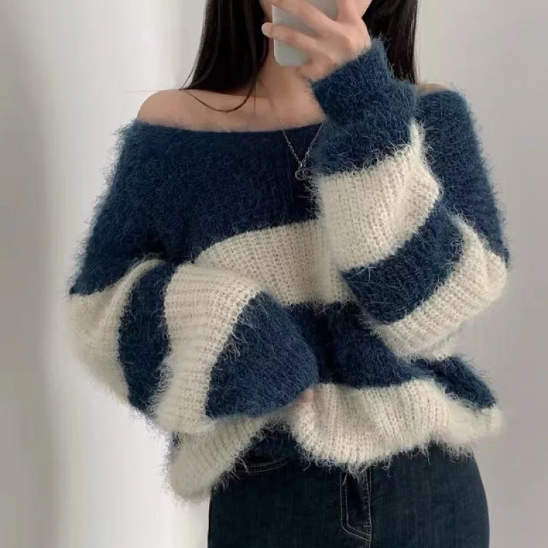 

Autumn Winter Pullovers Women Sweaters Knitted Round Neck Full Sleeve Jumpers Y2k Streetwear Elegant Knit Striped Causal Loose