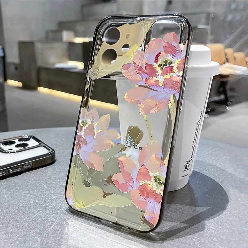 Transparent Flower Phone Case For iPhone 16 Case iPhone 11 12 13 14 15 Pro Max XR X XS 7 8 Plus SE 2 Silicone Shockproof Cover