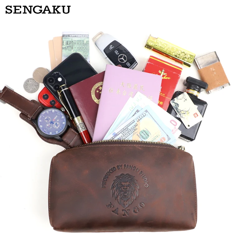 2 In 1 Men\'s Clutch Bag Handmade Genuine Leather Crossbody Shoulder Bags Portable Storage Handbag Long Wallet