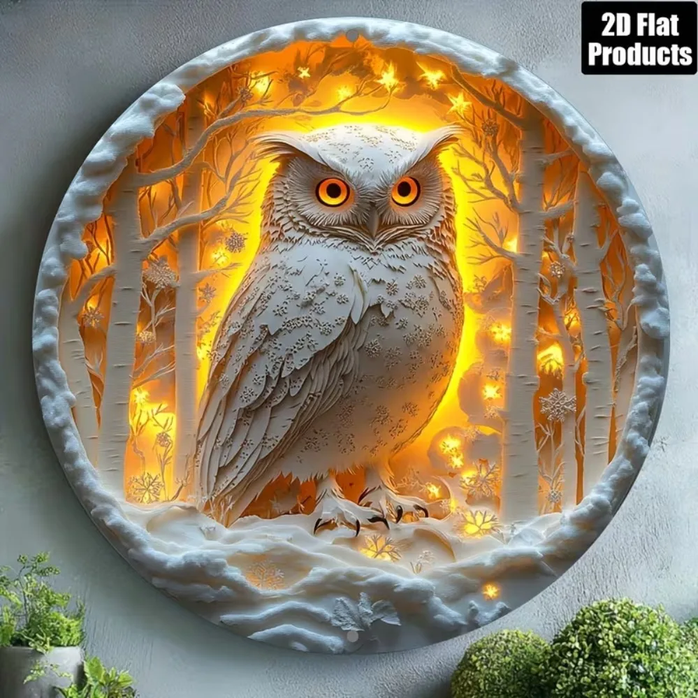 Round 2D Flat Metal Tin Sign Snowy Owl Winter Birch Forest Imitation Relief Wall Plaque Vintage Cabin Garden Hanging Decor Sign