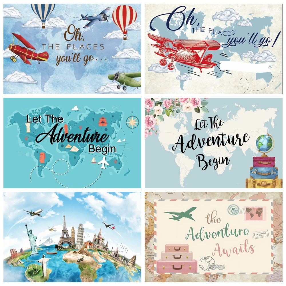 

Adventure Travel Backdrops World Map Children Birthday Party Hot Balloon Red Airplane Baby Shower Photography Background Decor