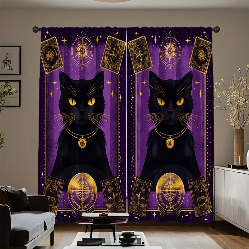 2pcs Tarot Black Cat Curtains Purple Gold Print Polyester Drapes for Living Room Bedroom Home Decor Window Treatment
