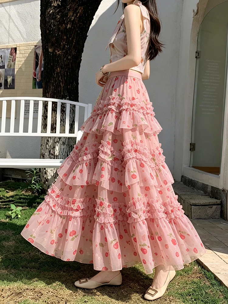 Summer High-Waisted Tulle Maxi Skirt Korean Fashion Asymmetrical Hem Patchwork Colorful Layered Print Skirt for Women