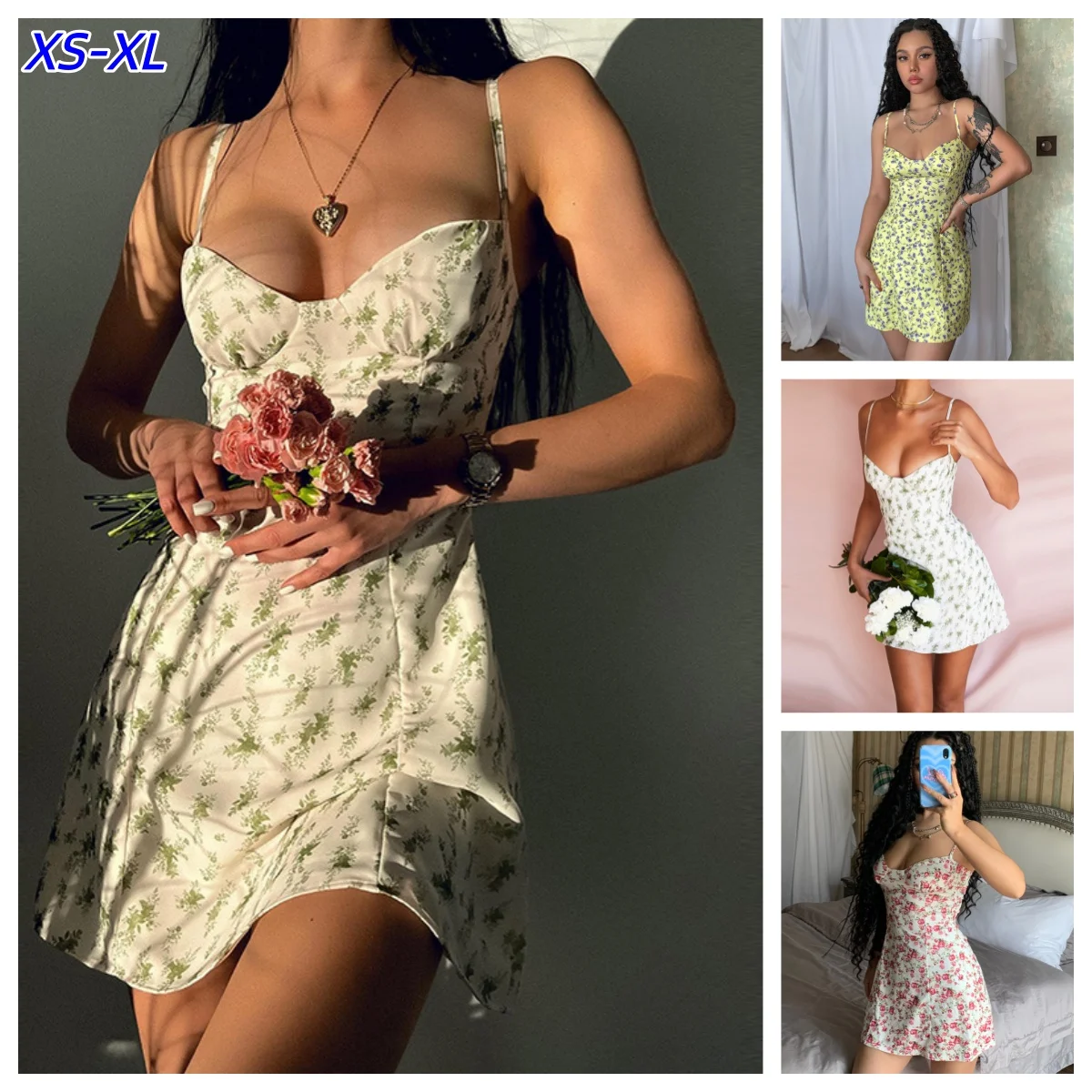 Y2K Damen Sexy Tief Ausgeschnittenes Retro-Print Mini Sommer Rückenfreies Trägerkleid V-Ausschnitt Blumenmuster Party Ärmelloses Strand A-Linien-Kleid