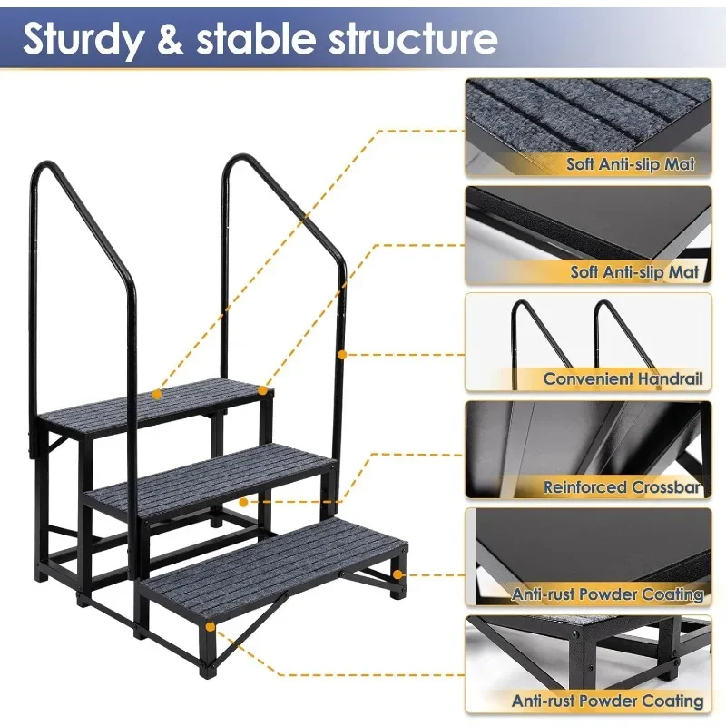 3-Step RV Steps with Dual Handrails – Heavy-Duty RV Stairs for Camper, Hot Tub, Trailer & Porch with Non-Slip Mats