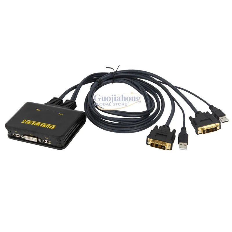 

KVM DVI-переключатель 2 входа 1 выход для совместного использования двух компьютеров, 1 комплект клавиатуры и мыши, горячие клавиши клавиатуры
