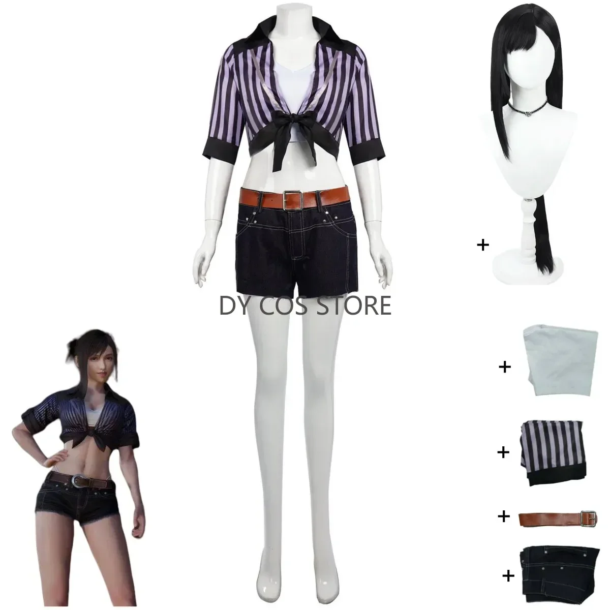 jeu-final-fantasy-vii-tifa-lockhart-cosplay-costume-chemise-a-rayures-manteau-short-en-jean-uniforme-perruque-femme-sexy-costume-de-carnaval