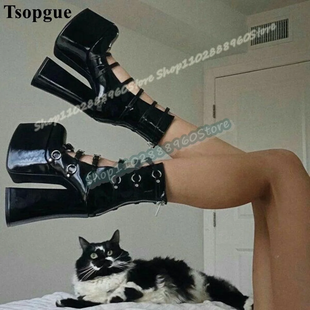 

Black Glossy Leather Buckle Strips Platform Ankle Boots Chunky High Heel Shoes For Women Back Zipper Round Toe Fashion Boots