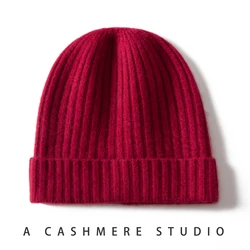 New Winter 100% Pure Goat Cashmere Hat For Men Women Outdoor Warm Knitted Beanie High-quality Solid Color Leisure Pullover Hat