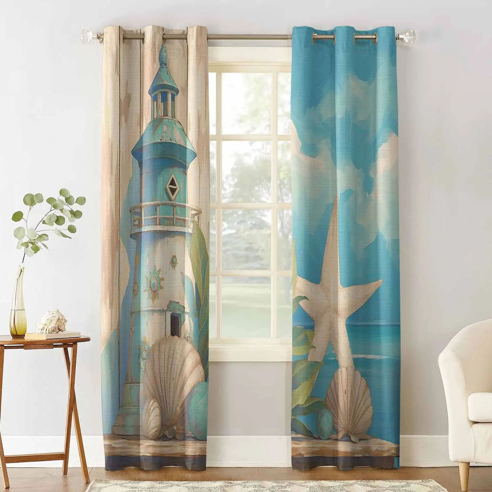 Summer Ocean Lighthouse Starfish Shell Curtains for Living Room Window Decoration Curtains in Home Kitchen Luxury Bedroom Drapes