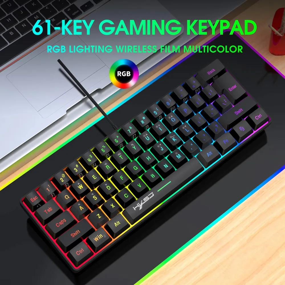 V700 61 Keys Mini Wired Gaming Keyboard Pink 60% Layout RGB Backlit Ergonomic Mechanical Feel Portable for PC Laptop Office