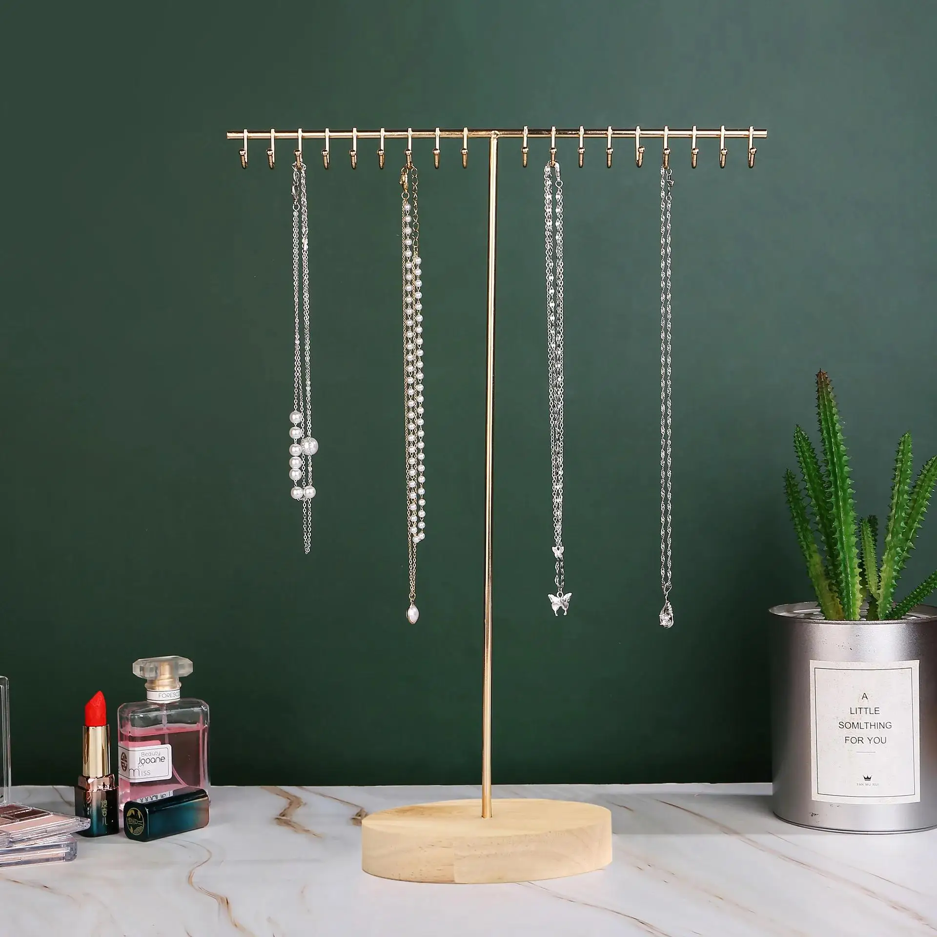 

Iron Art Necklace Bracelet Jewelry Display Stand 18 Hooks Wooden Base Storage Organizer Rack Scandinavian Style Accessories