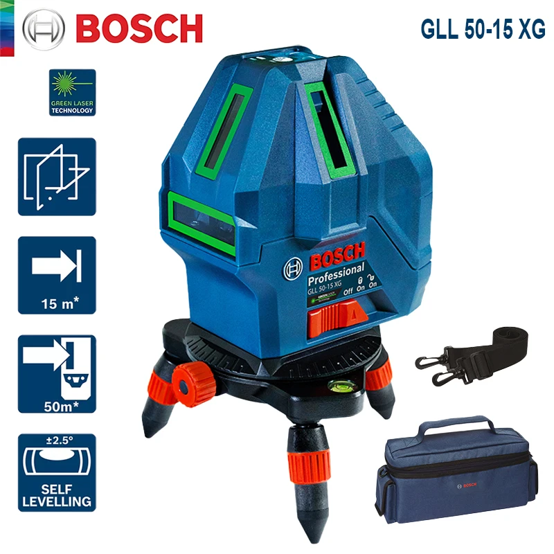 Bosch zielony poziom lasera GLL 50-15 XG profesjonalny 5 linii poziom 15 m samopoziomujący poziome pionowe narzędzie do pomiaru krzyża