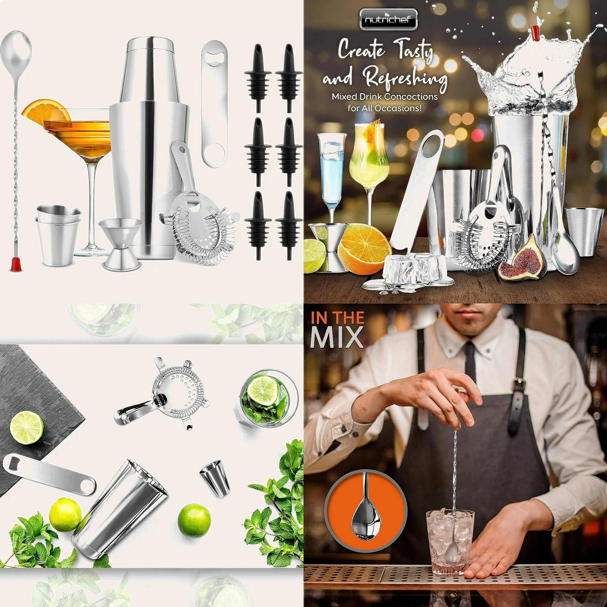 Cocktail Recipe Book - 15-Piece Stainless Steel Cocktail Shaker Set